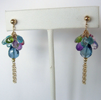 14k Mixed Gemstone Cluster Earrings with Chain Dangle…